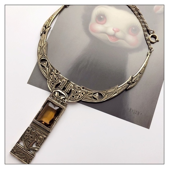 Vintage Miracle Smoky Amber Glass Celtic Collar Necklace Signed Miracle … - Picture 1 of 5